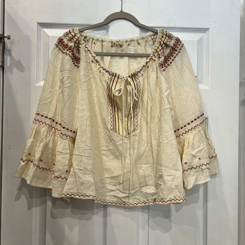 Easel Blouse Cotton Blend Embroidered Boho Peasant Tiered Bell Sleeve Cream S